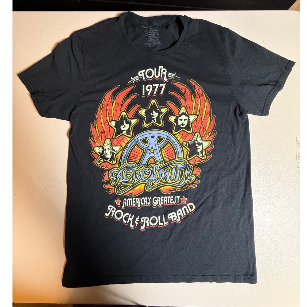Aerosmith Tour 1977 Graphic T-Shirt Black Cotton Rock Band Tee Womens M
